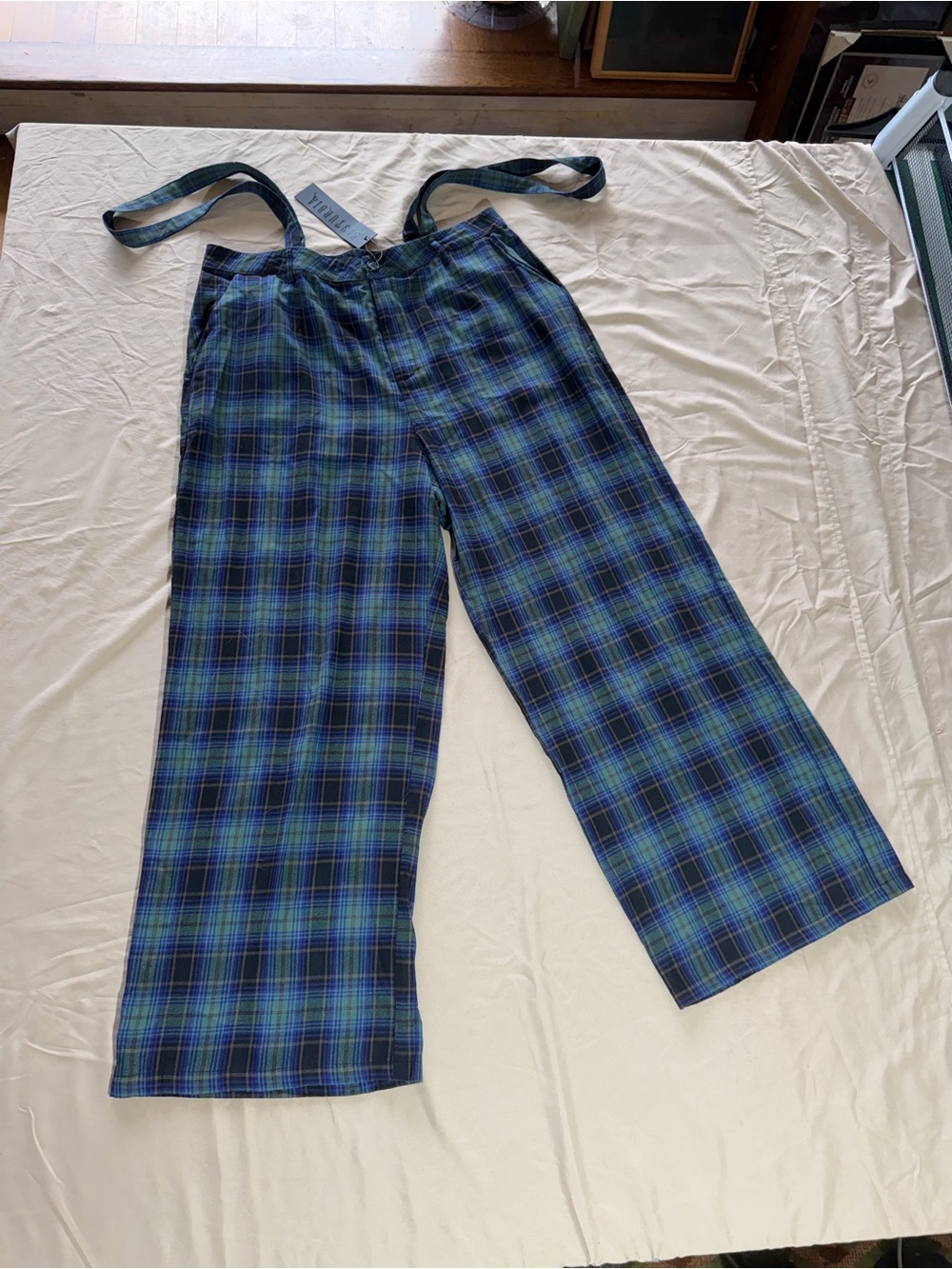 Disturbia Blue & Green Plaid Wide-Leg Pants with Straps